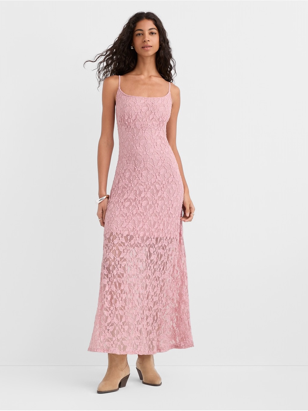 Spaghetti Strap Pink Lace Maxi Dress